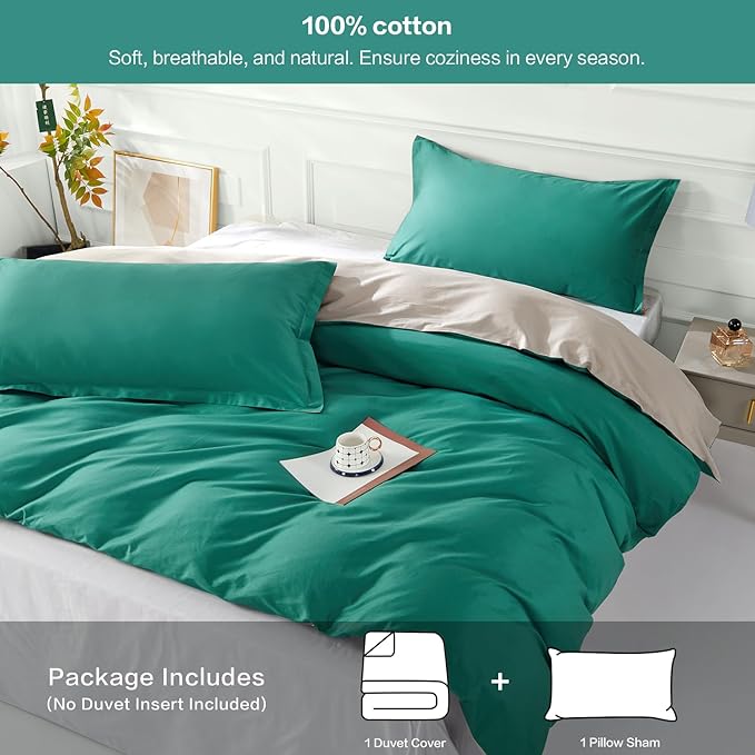 SAPHREAS Teal Duvet Cover Twin Size 2 Pieces Extra Soft Cotton Bedding Set, Includes Green 1 Duvet Cover 68"x90" with Zipper Closure & 1 Pillow Sham, Comforter Not Included