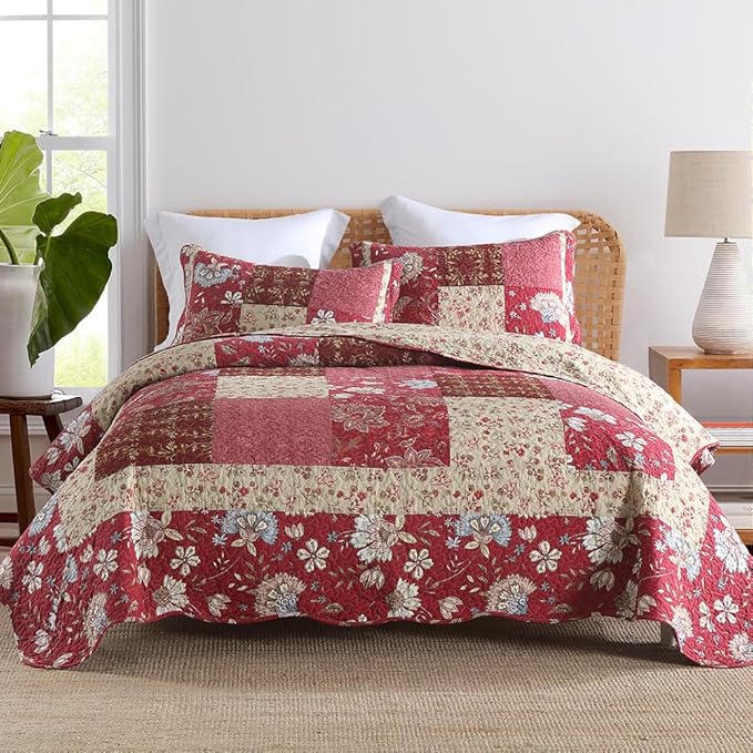 Cotton Bedspread Quilt Bedding Sets 3 Pieces Reversible Coverlet Sets Comforters Vintage Floral Patchwork Purple Red Bedspread, King Size