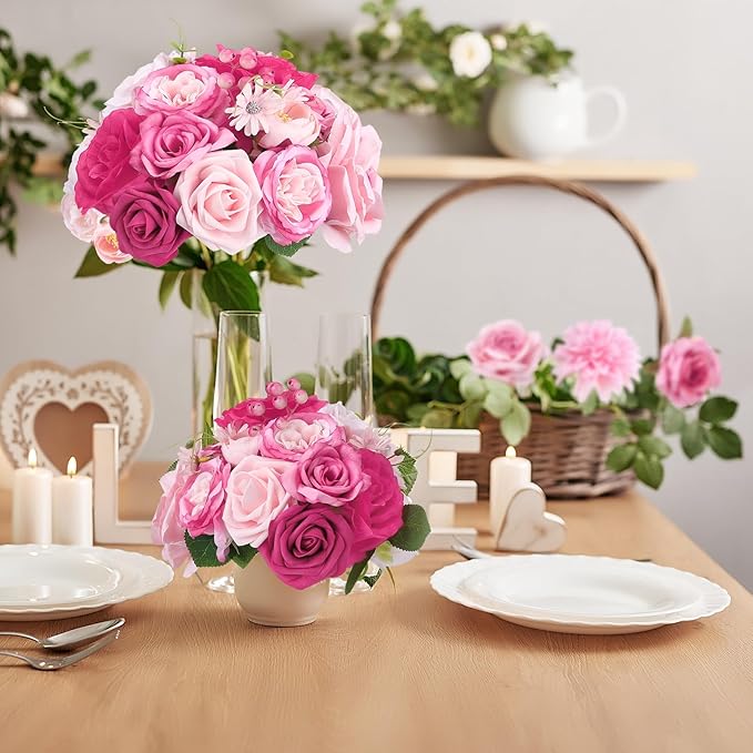 Jspupifip Pink, Hot Pink Artificial Flowers Combo Box Fake Silk Roses with Stems Hydrangea Peony Arrangement for Bridal Shower Boho DIY Wedding Cake White Flowers Table Decorations