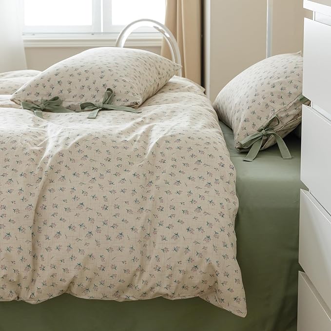 VM VOUGEMARKET Duvet Cover Set Twin 100% Cotton 3 Pcs Girls Green Floral Comforter Cover with Zipper Closure,Cottagecore Style Duvet Cover + 2 Pillowcases with Bowknot-68x86 Inch