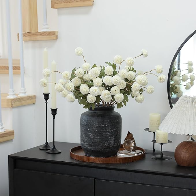 mizii 6Pcs White Fake Silk Pompon Mum Artificial Flowers Bulk Small Faux Chrysanthemums with Stems Realistic Floral Decorations for Wedding DIY Bouquet Centerpieces Shower Vase Home Decor (White)