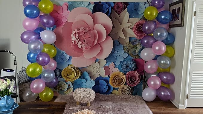Paper Flower Backdrop for Mother's Day - Colorful Flowers Wall Photography Background - Lovely Style Blue Pink - Women Girls Birthday Party Decoration - Portraits Shooting Props (7x5ft)