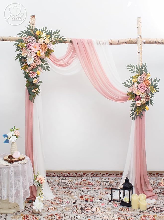 Wedding Arch, Artificial Flowers, Wedding Decor with Drapes (Set of 4)，Be Suited to Banquet, Party, Wedding Decor Ceremony and Background Decoration (Champagne Pink)