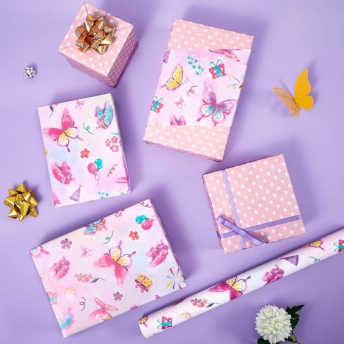 WERNNSAI Butterfly Wrapping Paper Roll - 1 Roll 17” x 33 ft Butterfly Fairy Wrapping Paper Pink Purple Flower Gift Packing for Kids Girls Birthday Baby Shower Bridal Shower Decor Reversible Polka Dot Design
