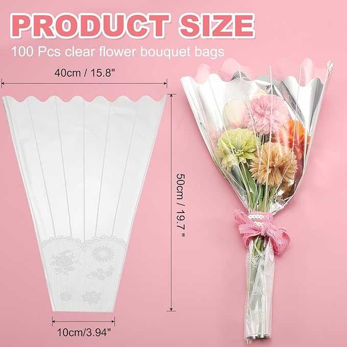 YELARXI Clear Flower Wrapping Bags, Transparent Flower Packaging Bag Waterproof Bouquet Sleeves with Lace - Fitting for (Florists/Floral Arrangements Supplies), 15.7x3.9x19.7 Inch & 100Pcs