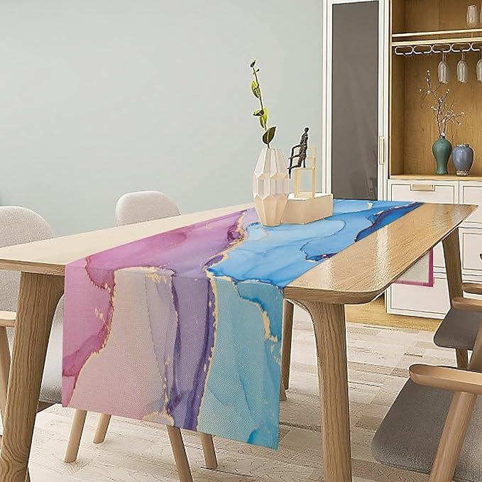 Pink Blue Marble Table Runner Sea Blue Maroon Gold Veins Unique Ombre Abstract Ink Texture Seasonal Dinner Runner Table Decoration for Farmhouse Home Kitchen Dining Holiday Party 13x36in