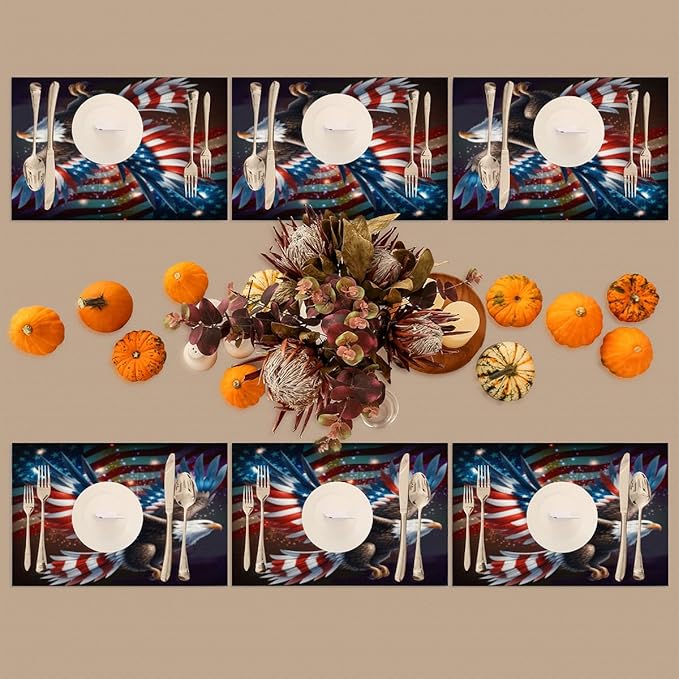 Independence Day Bald Eagles Flag Placemats Set of 4 PVC Vinyl Non Slip Table Mats Waterproof Heat Resistant Place Mats Washable Wipeable Dining Table Mat for Kitchen Party Indoor Outdoor Decorative