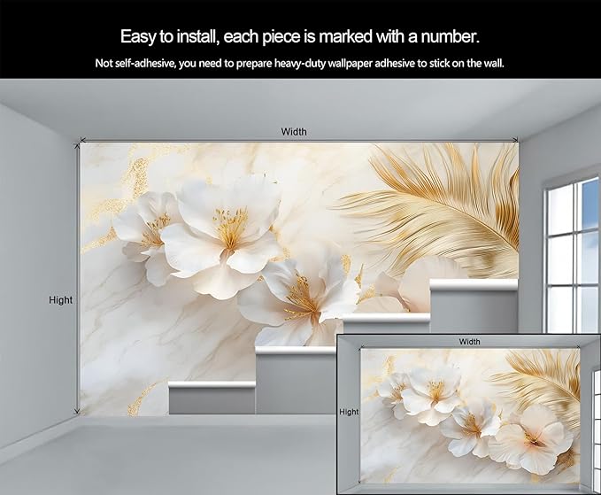 White Flowers Marble Wall Mural, Luxury Floral 3D Wall Murals, Elegant Gold Leaf Design Wallpaper Mural, for Living Room Bedroom Large Wallpaper Indoor Decor 169.3" W x118.2 H