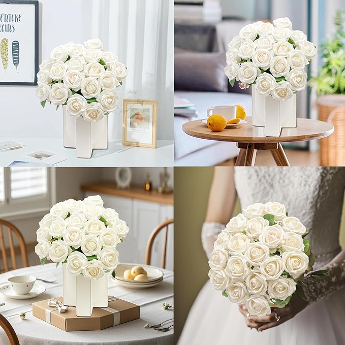 20 Pcs Artificial White Roses, Real Touch Silk Flowers for Wedding, Home Décor, Centerpieces, Bouquets & Valentine’s Day Arrangements (20, White)