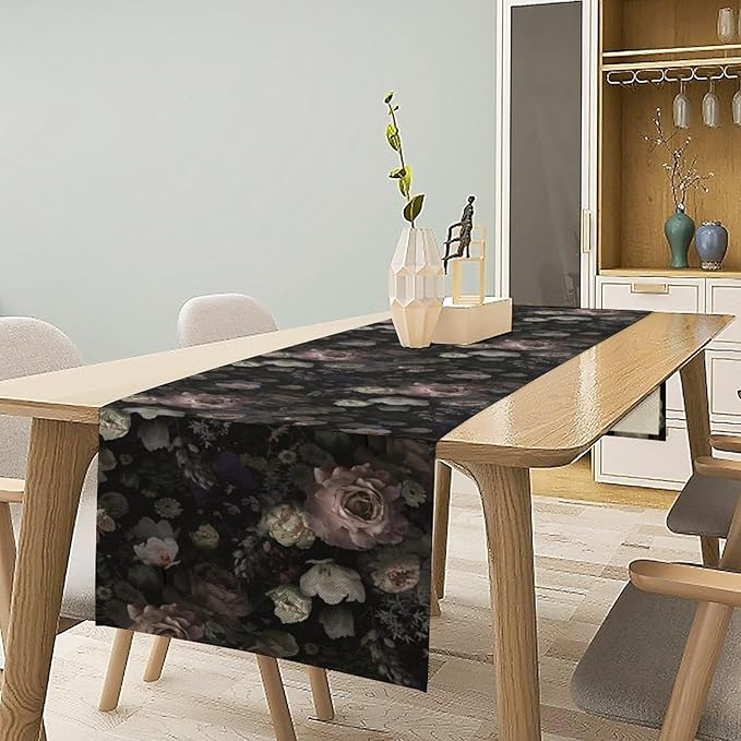 Gothic Floral Table Runner,Vintage Black Pink Rose Print Table Runner for Home Kitchen Table Dining Indoor Outdoor Party Decor 13x36 Inch