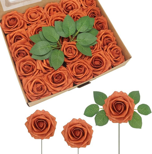 100PCS Burnt Orange Artificial Flowers Realistic Roses, Real Looking Fake Roses with Stem for DIY Wedding Bouquets Centerpieces Bridal Shower Party Home Romantic Decorations (Burnt Orange, 100pcs)
