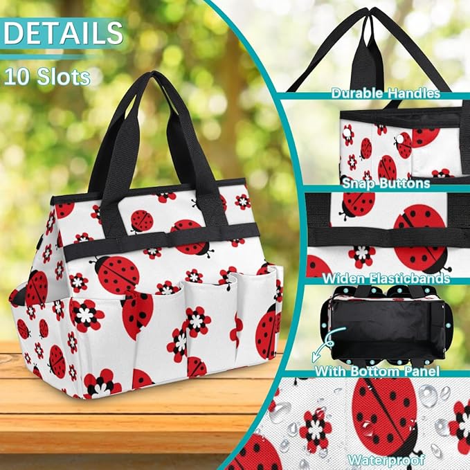 Ladybug Flower Garden Tool Tote Bag for Women Men Gardening Tool Storage Bags with 10 Pockets Standable Garden Home Tool Kits Organizer for Indoor Outdoor Gardening Gifts
