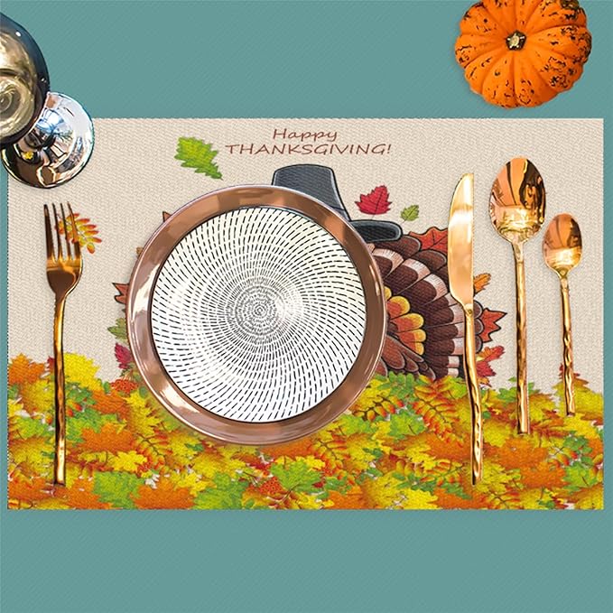 Thanksgiving Leaf Turkey Placemats Set of 4 PVC Vinyl Non Slip Table Mats Heat Resistant Place Mats Washable Wipeable Dining Table Mat for Kitchen Decor Party Indoor Outdoor Decorative Gift