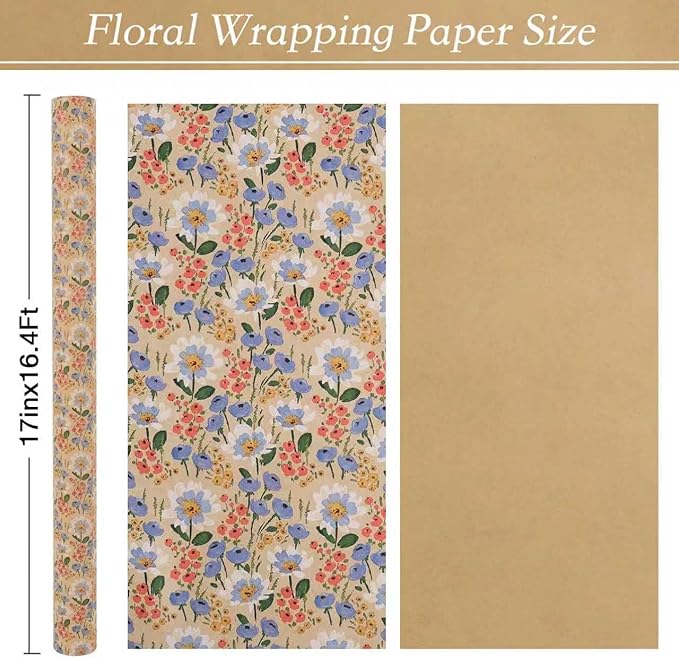 Aimyoo Watercolor Floral Kraft Wrapping Paper Roll, 17 inch x 16.4 ft All Occasion Vintage Flower Gift Wrap for Wedding Birthday Bridal Shower