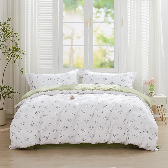 SAPHREAS Twin Duvet Cover White Cute Floral Bedding Set with 8 Corner Ties and 1 Pillow Sham Microfiber Reversible Duvet Cover Set with Zipper Closure, Green