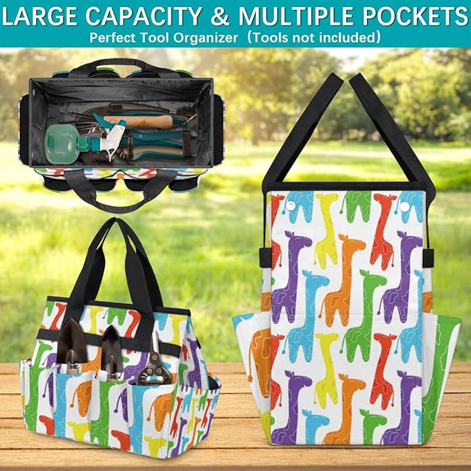 Garden Tool Tote Bag for Women Men Cartoon Colored Horses Gardening Tool Storage Bags with 10 Pockets Standable Garden Home Tool Kits Organizer for Indoor Outdoor Gardening Gifts