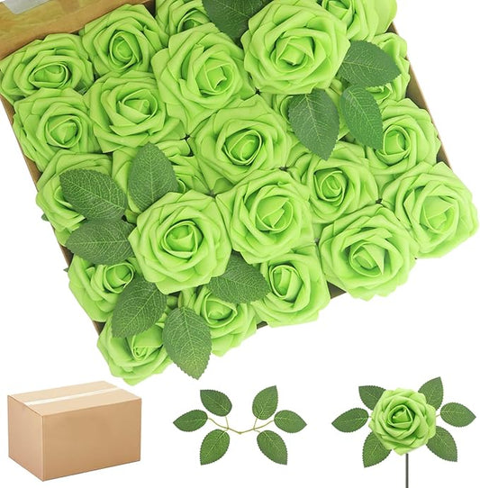 Artificial Flowers Roses Real Looking Foam Fake Roses with Leaves and for DIY Wedding Bouquets Bridal Shower Centerpieces Party Decorations (Green, 200)