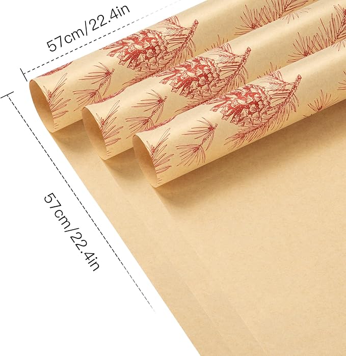 LeZakaa 20 Sheets Kraft Christmas Flower Wrapping Paper, Red Pinecone and Branches on Kraft Floral Bouquet Paper Gift Wrap for Christmas Party Packaging, Winter Woodland-themed Holiday decor