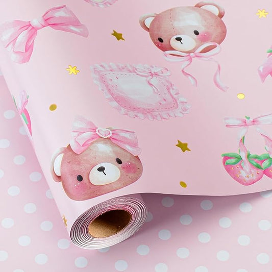 Burymento Pink Strawberries Bear Wrapping Paper, Reversible Dot Design Gift Wrap for Baby Shower, Birthday, Valentines, Mothers day, Graduation, Wedding, Fathers day, Christmas (17 Inch X 32.8 Feet)