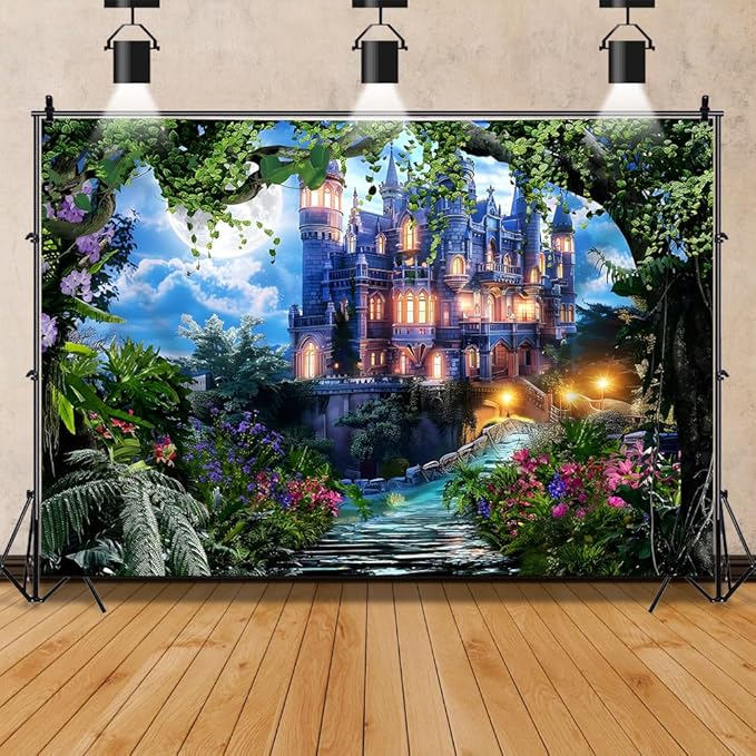 10x8ft Spring Fantasy Castle Palace Backdrop Vinyl Fairy Tale Prince Princess Flower Forest Wonderland Castle Photography Background Girl Home Decor Birthday Party Portrait Photo Props