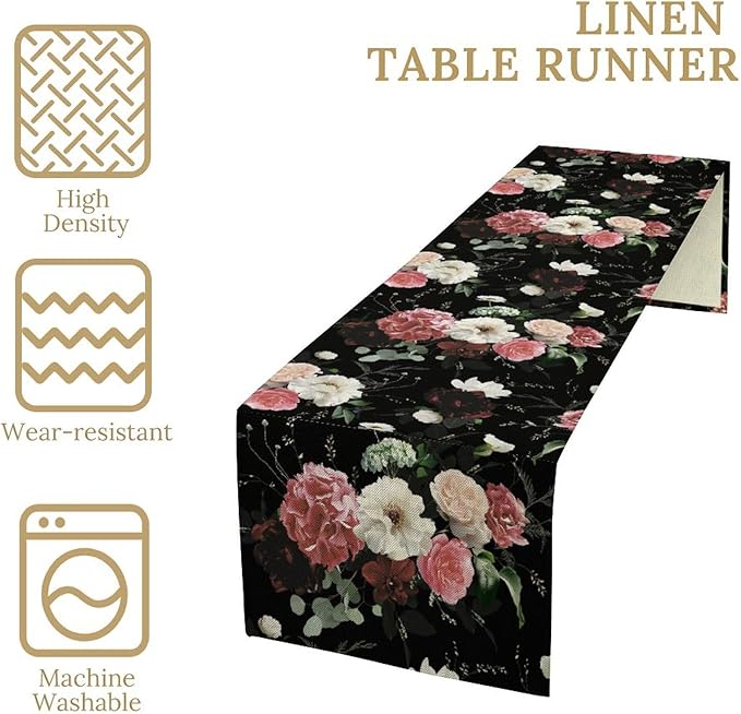 Floral Table Runner,Vintage Gothic Flowers Plant Prints Table Runner for Home Kitchen Table Decor Dining Coffee Room Party Decor 13x36 Inch