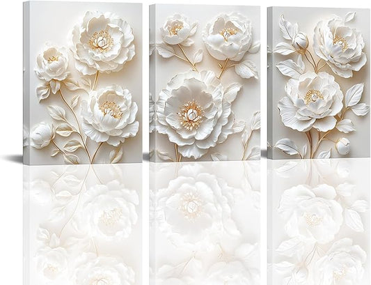 Sepwrol White Flower Canvas Wall Art Modern Abstract Rose Blooming Floral Textured Printing Artwork for Home Bedroom Living Room Wall Decor, 12"x16" 3 Panel (White-3)