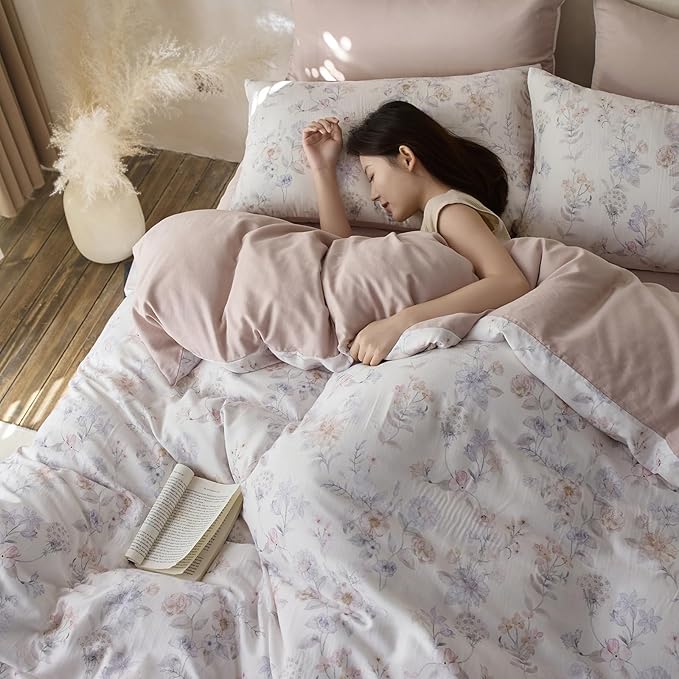 VM VOUGEMARKET King Duvet Cover Set,Blue Pink Flower Duvet Cover with 2 Pillowcases Cooling Breathable Lyocell & Cotton Bedding Set for Girls & Women (Blush Pink, 104x90 Inch)