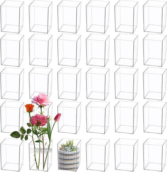 30 PCS Clear Square Vase 2.7'' x 2.7'' Plastic Flower Vases Centerpieces Cube Plastic Container Bulk Small Clear Flower Container for Home Office Wedding Party Decorations
