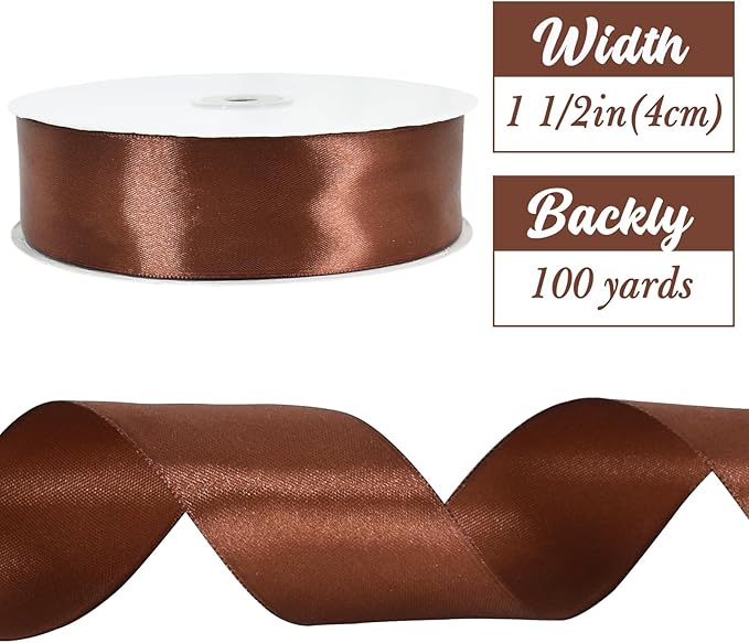 TONIFUL 1-1/2 Inch (40mm) x 100 Yards Coffee Brown Wide Satin Ribbon Solid Fabric Ribbon for Gift Wrapping Chair Sash Valentine's Day Wedding Birthday Party Decoration Hair Floral Craft Sewing