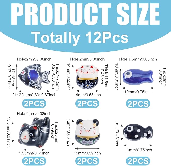 Beadthoven 12pcs Lucky Animal Ceramic Beads 3D Black Blue Handmade Porcelain Craft Beads Cute Fish Cat Shaped Floral Printed Animal Spacers for DIY Crafts Bracelet Earring Necklace Jewelry Making