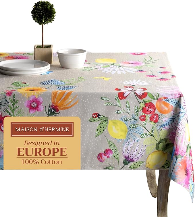 Maison d' Hermine Table Cloth Rectangle Table 100% Cotton 70 x 120 Inches Tablecloth Reusable Decorative for Dining Room, Farmhouse, Home, Party, Festive & Wedding Spring Summer - Jardin D'Ete - Fog