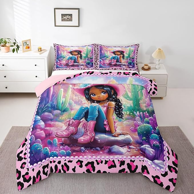 Western Cowgirl Full Size Comforter Set,Reversible Cute Girl Cactus American Style Bedding Comforters Bedroom Collection,African Pink Leopard Print Plaid Black Bedding Set for Girls Teens