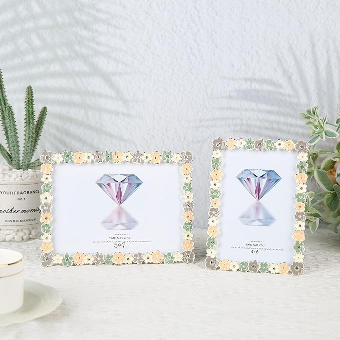 4x6 Colorful Flower Picture Frame Pretty Metal Photo Frame Tabletop or Wall Art Decoration, Clear Glass Front, Unique Gifts for Women Wedding Mothers Day, Horizontally & Vertically