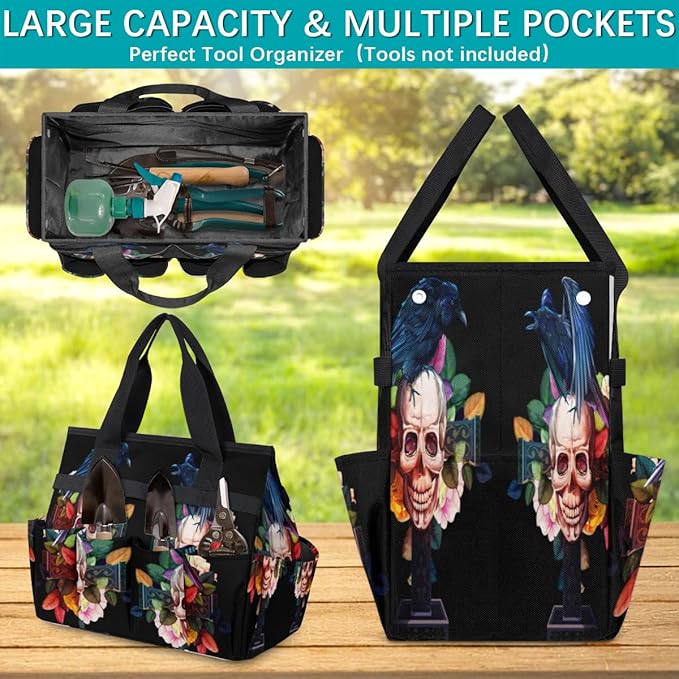Garden Tool Tote Bag for Women Men Raven Skull Rose Gardening Tool Storage Bags with 10 Pockets Standable Garden Home Tool Kits Organizer for Indoor Outdoor Gardening Gifts