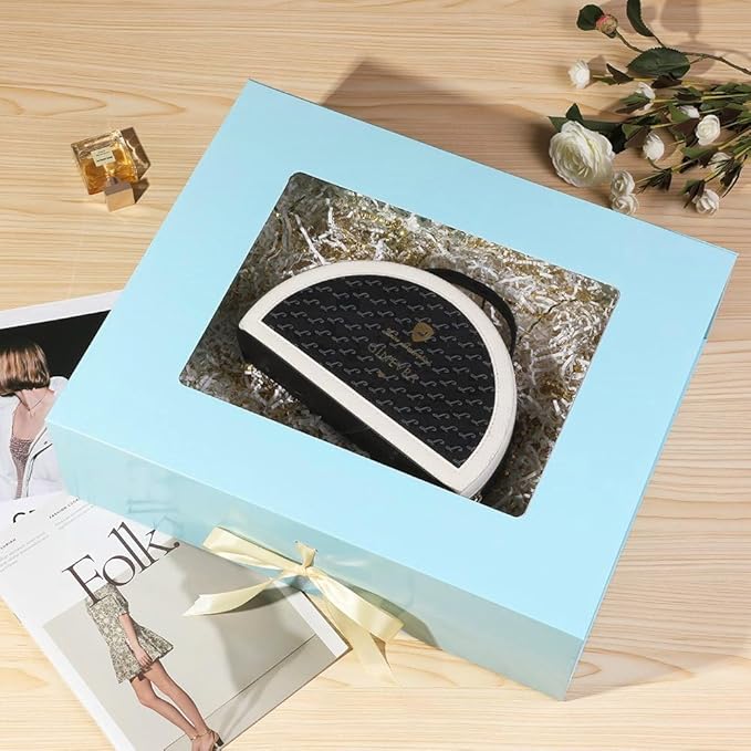 3 Pcs Extra Large Blue Gift Box for Presents with Ribbon 19x16x6 Inches Clear Gift Box with Window Magnetic Closure Gift Boxes with Lids