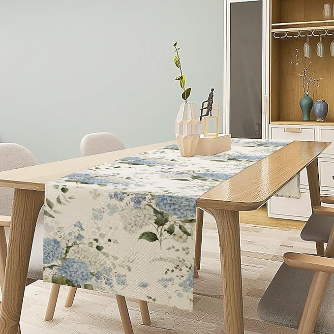 Blue Floral Table Runner, Spring Summer Watercolor Hydrangea Flower Butterfly Country Farmhouse Coffee Table Center Decor for Home Kitchen Dining Patio Holiday Party Table Decorations 13x72 inches