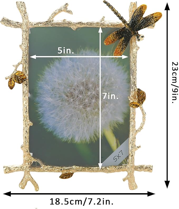 5x7 Picture Frame Dragonfly Ornament Gifts for Women Men Vintage Decor Ornate Antique Photo Frame with Glass Front Metal Brass Art Table Top Decor for Birthday