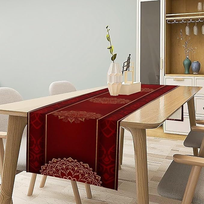 Luxurious Bohemian Table Runner, Red Gold Mandala Floral Boho Decor Table Runner for Kitchen Dining Festive Holiday Party Wedding Gathering, 13x36 Inch