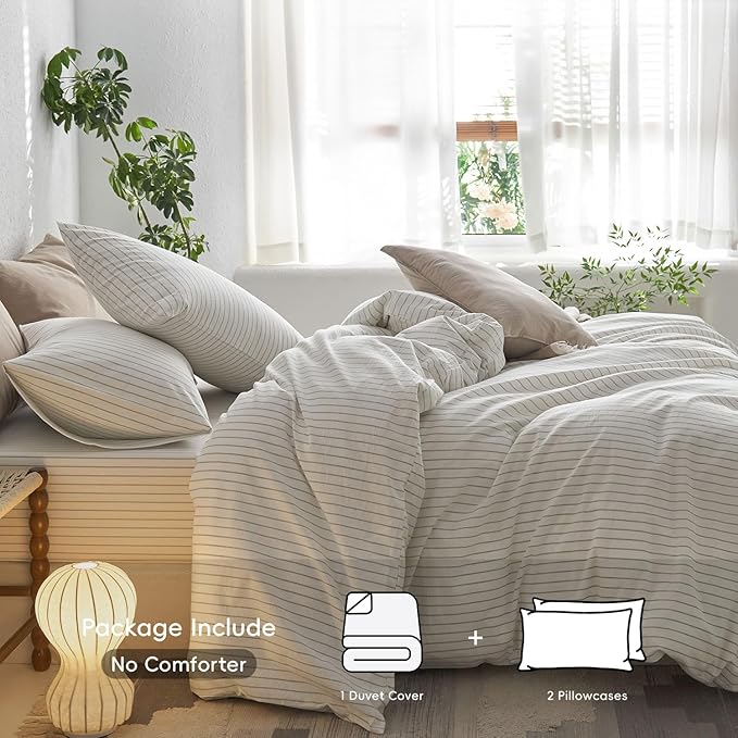 MooMee Striped Duvet Cover Set 100% Washed Cotton Linen Like Textured Breathable Durable Soft Comfy (White Sage Green Wide Stripes, Queen 90"x90")