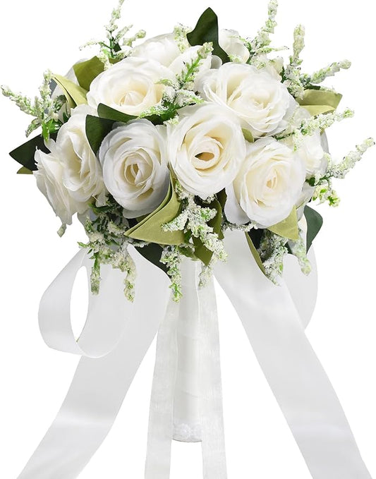 Wedding Bouquets for Bride Bridesmaid Bouquet Ivory Bridal Bouquet Artificial Roses for Wedding Church Home Decoration (Ivory)