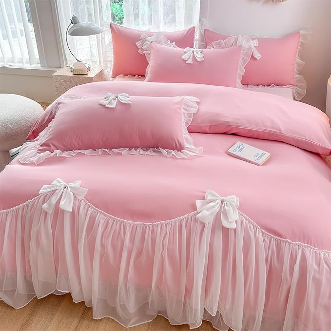 Girls Lace Bedding,Twin Comforter Cover Set, Chic Ruffled Duvet Cover with Lovely Bow,Princess Style 1 Duvet Cover with 1 Pillowcases, No Comforter-Bright Pink,Twin Size
