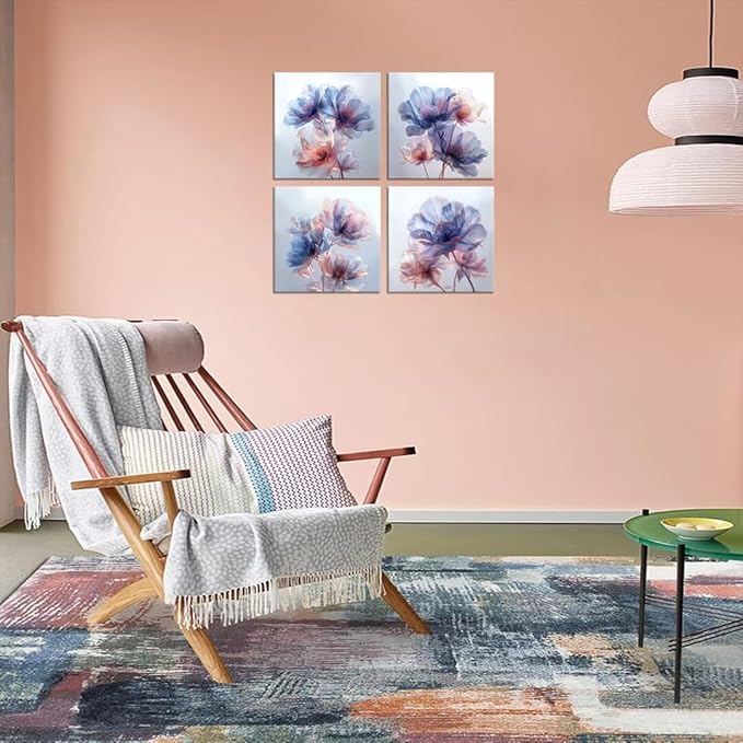 Pankila Canvas Flowers Wall Art Blooming Flowers Pictures Prints Blue Pink Flower Wall Decor for Living Room Bedroom Bathroom Home Decorations Painting Framed Artwork (16''W x 16''H x 4)