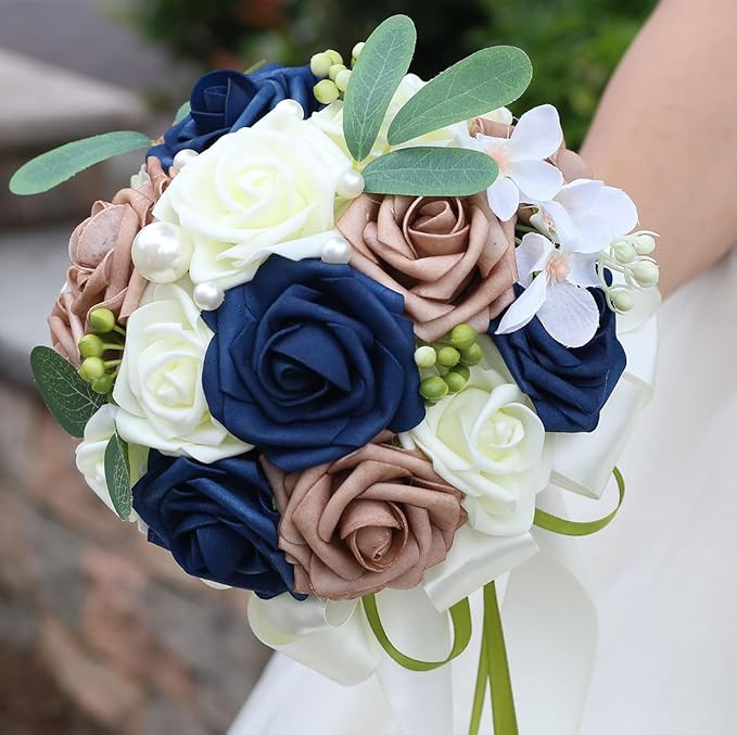 Lightweight Bridal Wedding Bouquet Round Holding Bouquet Throw Toss Artificial Rose Flower Bunch for Bride Bridesmaid Wedding Quinceanera (Cream, Navy & Rosy Brown, 9.1")