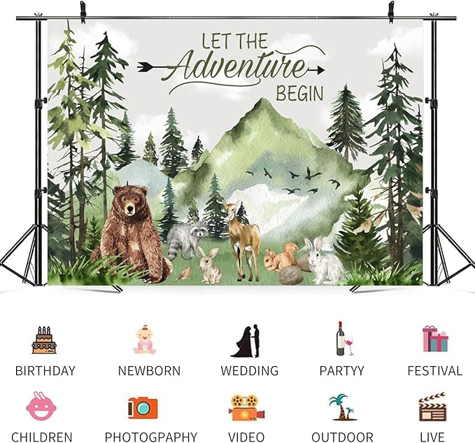 9x6ft Baby Shower Backdrop Mountain Forest Wild Animal Photography Background Cartoon Bear Woodland Green Trees White Cloud Birthday Party Banner Decorations Gender Reveal Photo Booth Prop