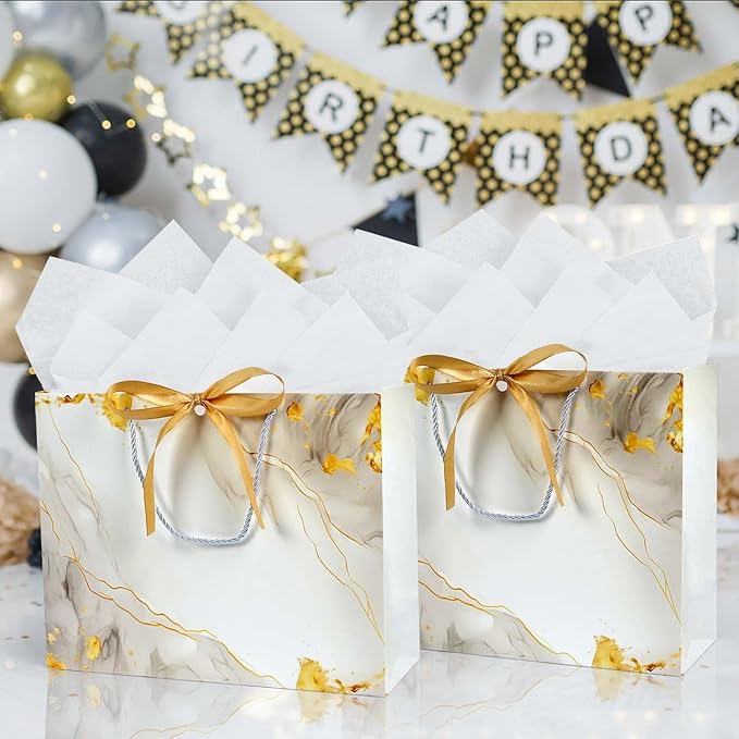 White Gold Gift Bags, 2PCS 13” Large Gift Bags with Tissue Paper and Greeting Cards, Gift Bag with Handles Bow for Women Girls, White Gift Bags for Birthday Wedding Bridal Baby Shower Anniversaries