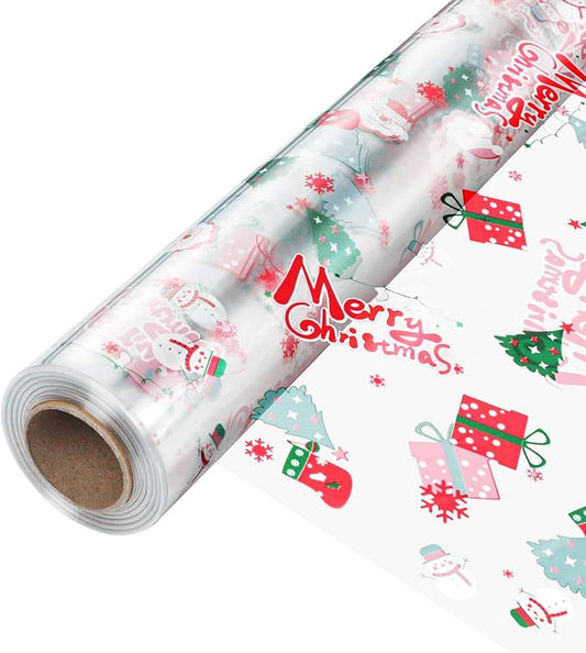 JOYIT 100' Long X 17.5” Wide Christmas Cellophane Wrap Roll - 3 Mil Thicker Cellophane Roll, Crystal Clear Merry Christmas Cellophane for Gift Baskets, Flower Arts Crafts Food Treats Wrapping