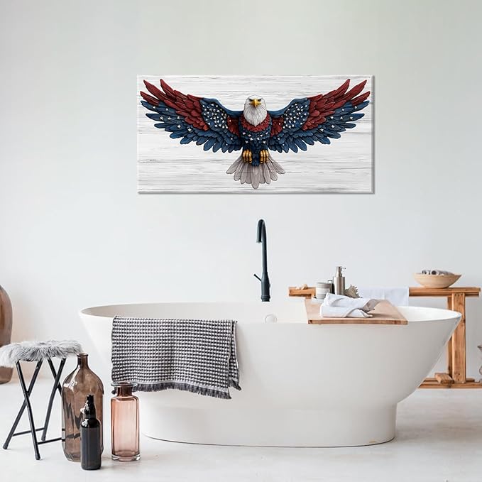 IDAFU Bald Eagle Canvas Wall Art USA Eagle Wall Décor -Patriotic Red Blue Flag Painting,USA Independence Day & 4th of July Décor,Ready to Hang for Living Room, Bedroom, Office, Dorm 58L x28W
