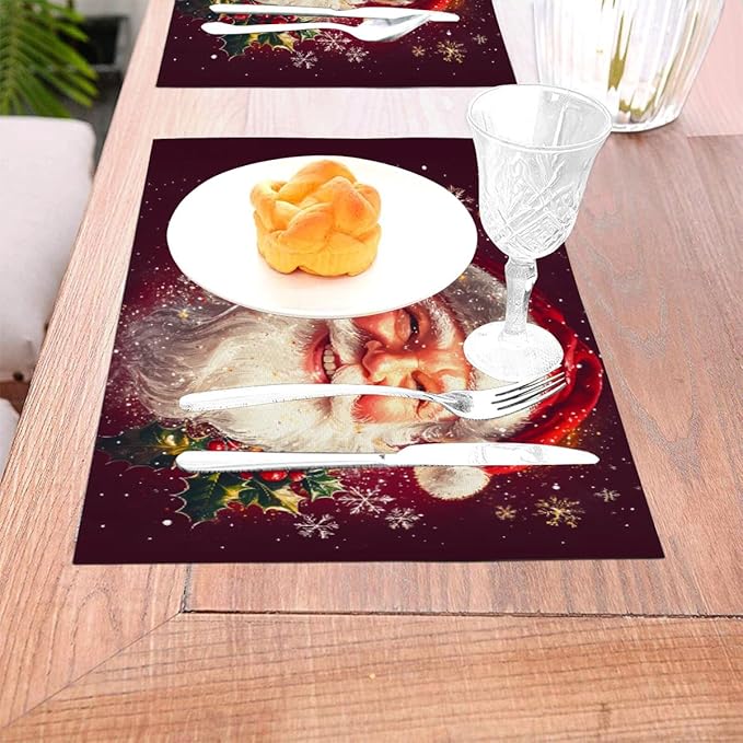 PVC Placemats Set of 4 Wipeable Table Mats Washable Heat Resistant Non Slip Vinyl Dining Table Mat for Kitchen Indoor Outdoor Patio Farmhouse Place Mats Santa Claus Red Xmas Decorative