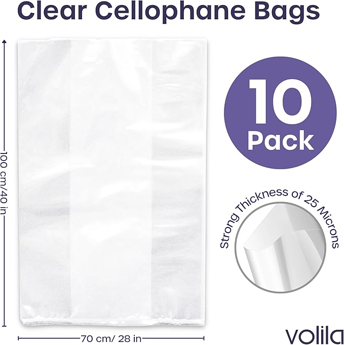 volila Large Cellophane Bags for Gift Baskets - 10 Pack (30 in x 40 in) Clear Gift Wrap for Gift Baskets, Floristry, Party Favors and Food Packaging