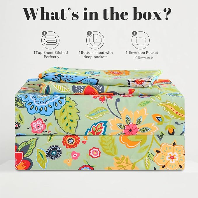 Bedlifes Full Sheet Set Ultra Soft, Breathable, Silky Flower Deep Pocket 100% Microfiber Bedding, 4 Piece Full Size with Floral Sage Green